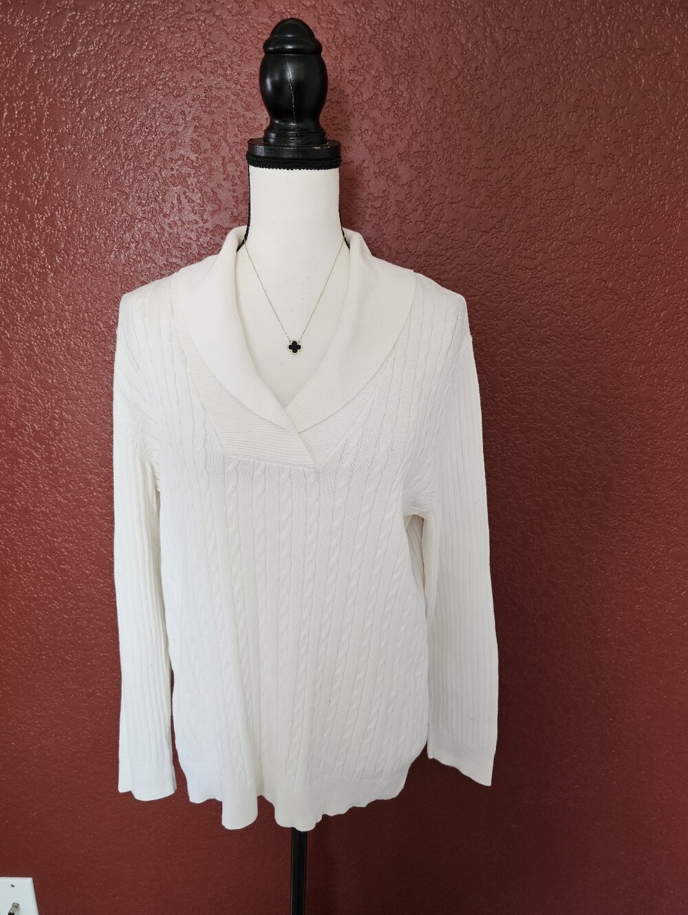 Karen Scott Ivory Cable Knit Shawl Collar Sweater